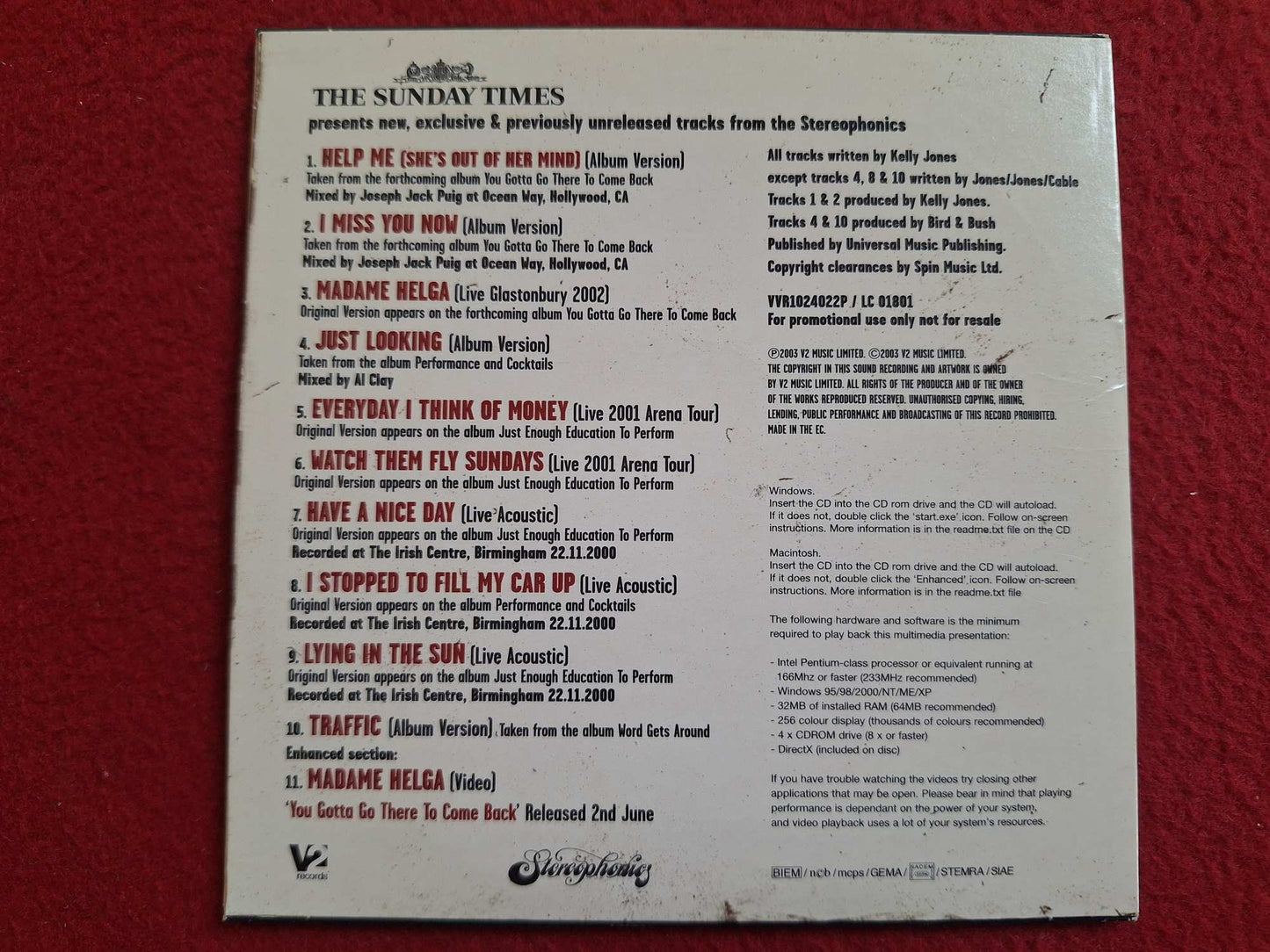 STEREOPHONICS YOU GOTTA GO THERE TO COME BACK [ THE SUNDAY TIMES ] CD