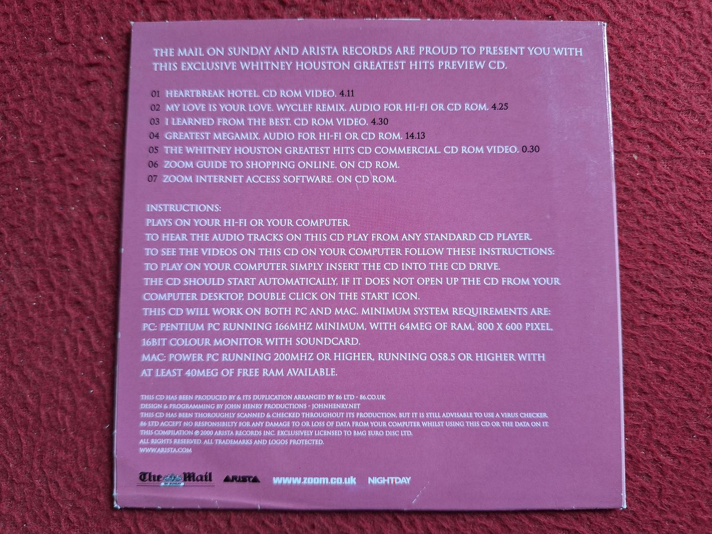 WHITNEY HOUSTON GREATEST HITS PREVIEW CD [ THE TIMES ] CD